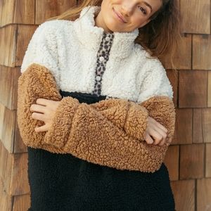 Thread & Supply Elm Fleece Pullover Sweater Wubby Colorblock Leopard Teddy Small
